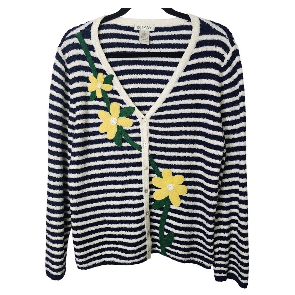 Orvis‎ Striped Cardigan Sweater Floral Applique Button Front Cozy Knit Large